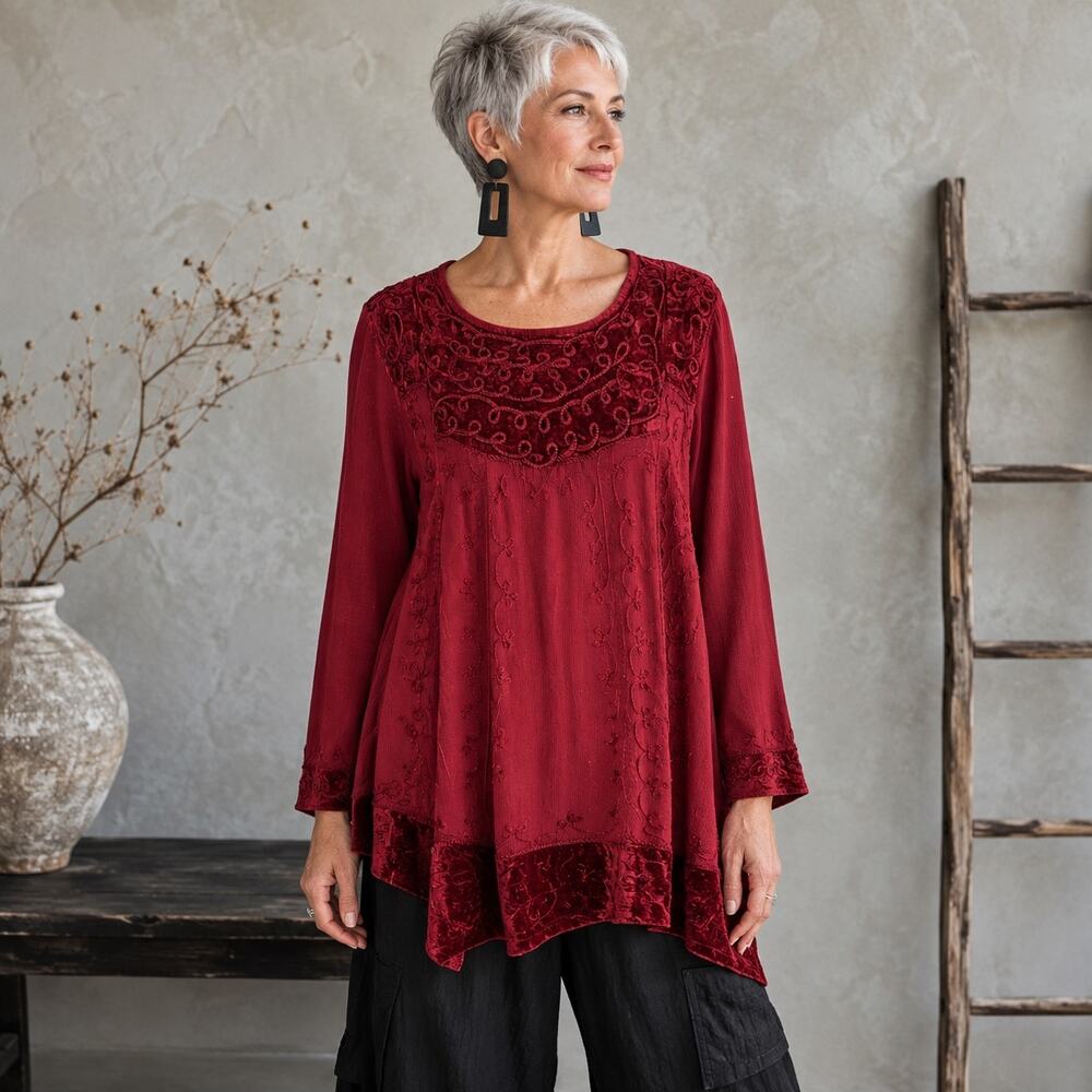 Soft Surroundings Maroon Embroidered tunic Large
